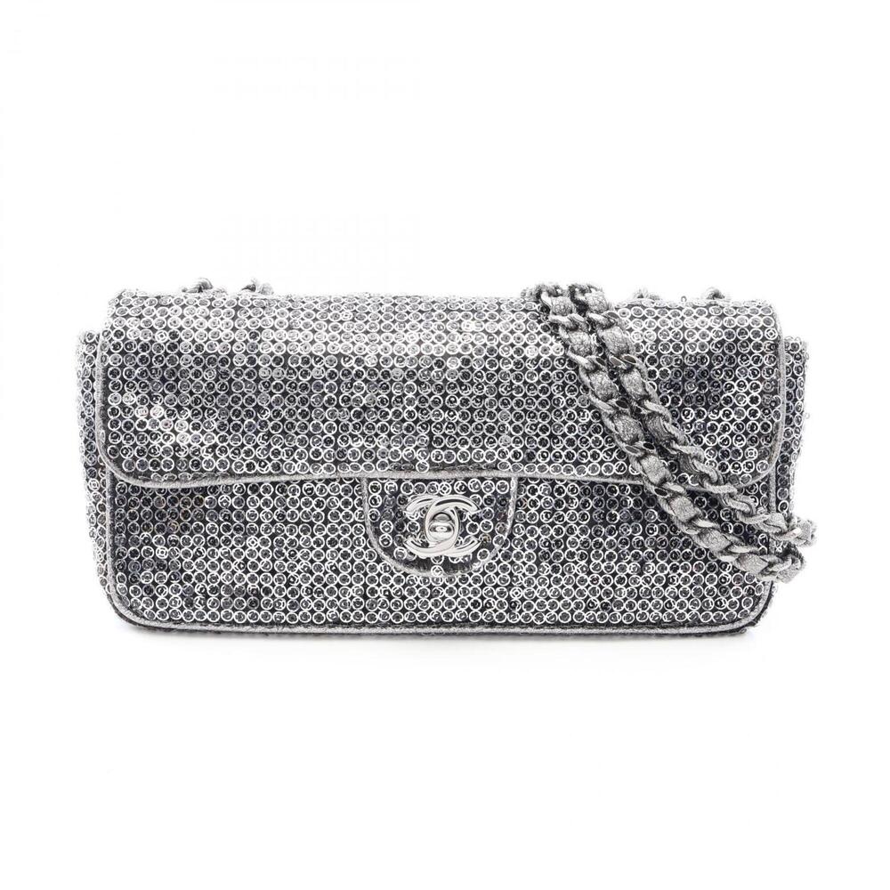 Chanel Coco Mark Shoulder Bag Handbag Leather Sequin Women's Silver